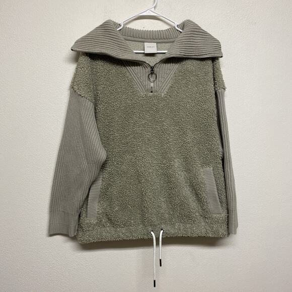 VARLEY Rogers 1/4 Zip Cowl Neck Sherpa Knit Sweater Beige Kangaroo Pocket-Size L - Picture 1 of 8